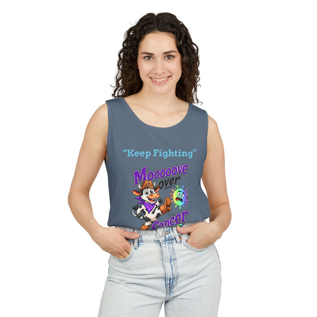 Man wearing a gray-blue Moooove Over Cancer tank top with You Got This artwork