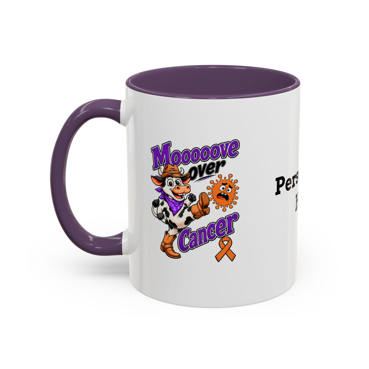 Moooove Over Cancer mug with colorful character artwork and personalized text area