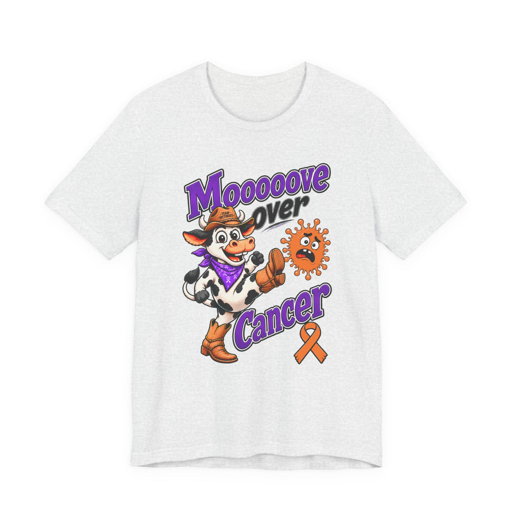 Moooove Over Cancer heather gray T-shirt featuring playful cow artwork and orange ribbon