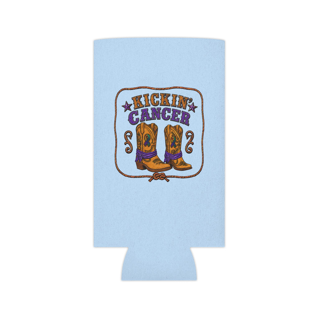 Light blue Kickin' Cancer slim can cooler laid flat with western boot artwork