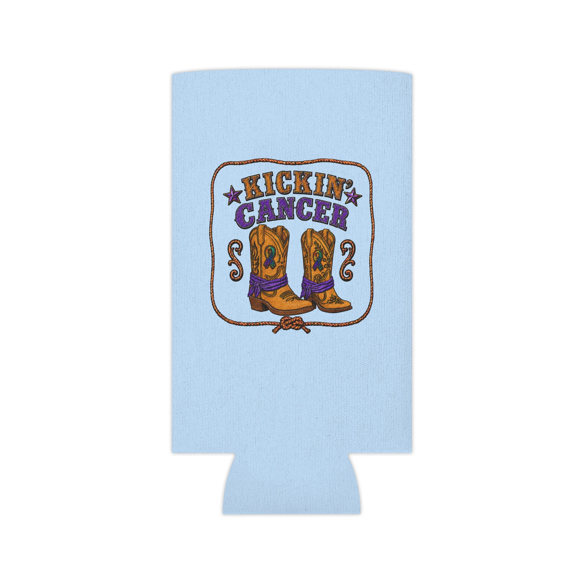 Light blue Kickin' Cancer slim can cooler laid flat with western boot artwork