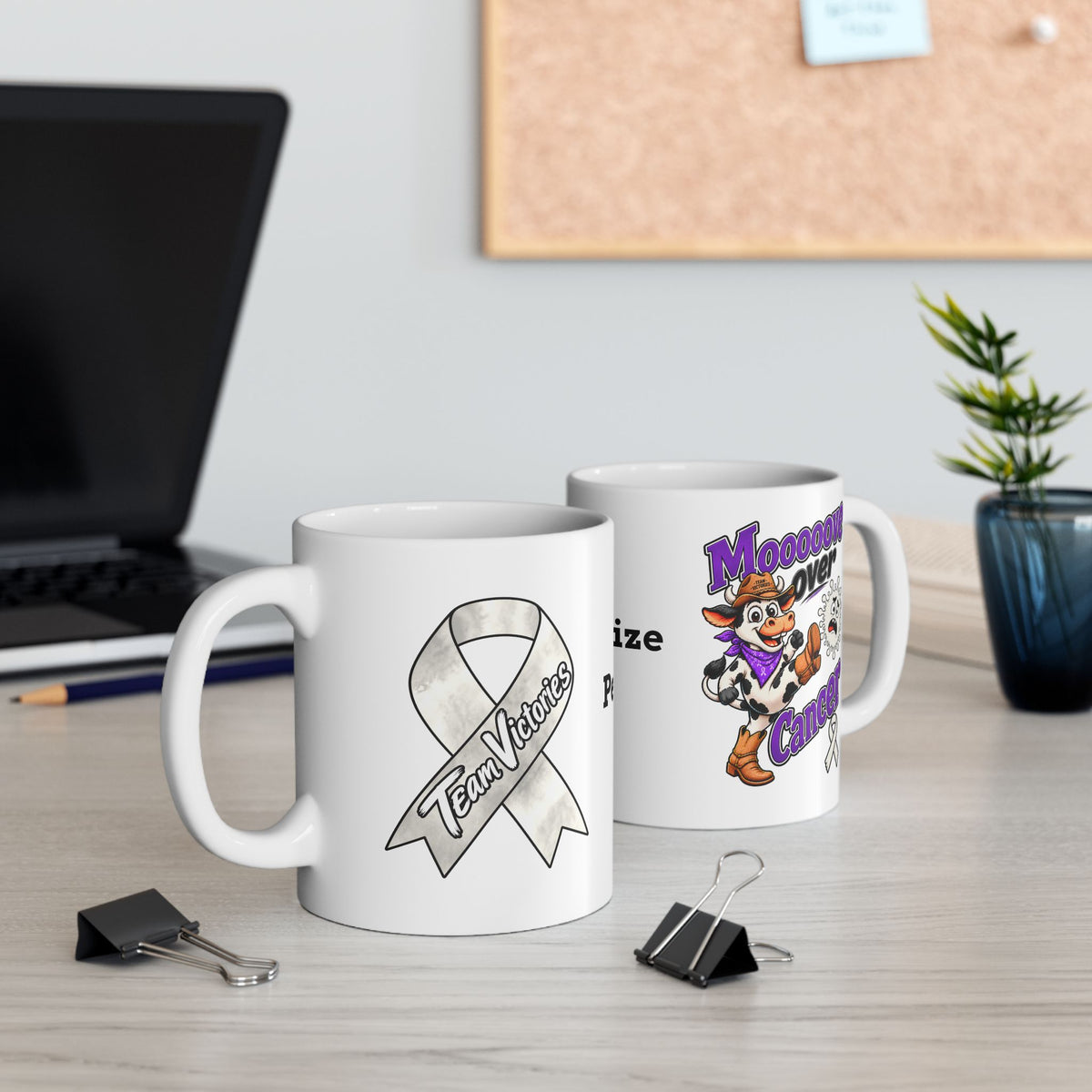 Moooove Over Cancer mugs in 11oz and 15oz sizes with Lung Cancer awareness ribbon