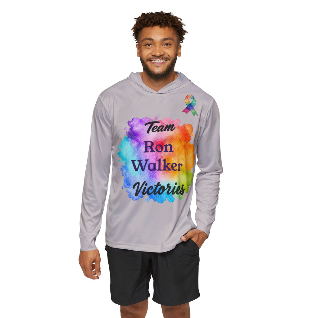 Man wearing a Silver Team Victories hoodie with colorful personalized front artwork