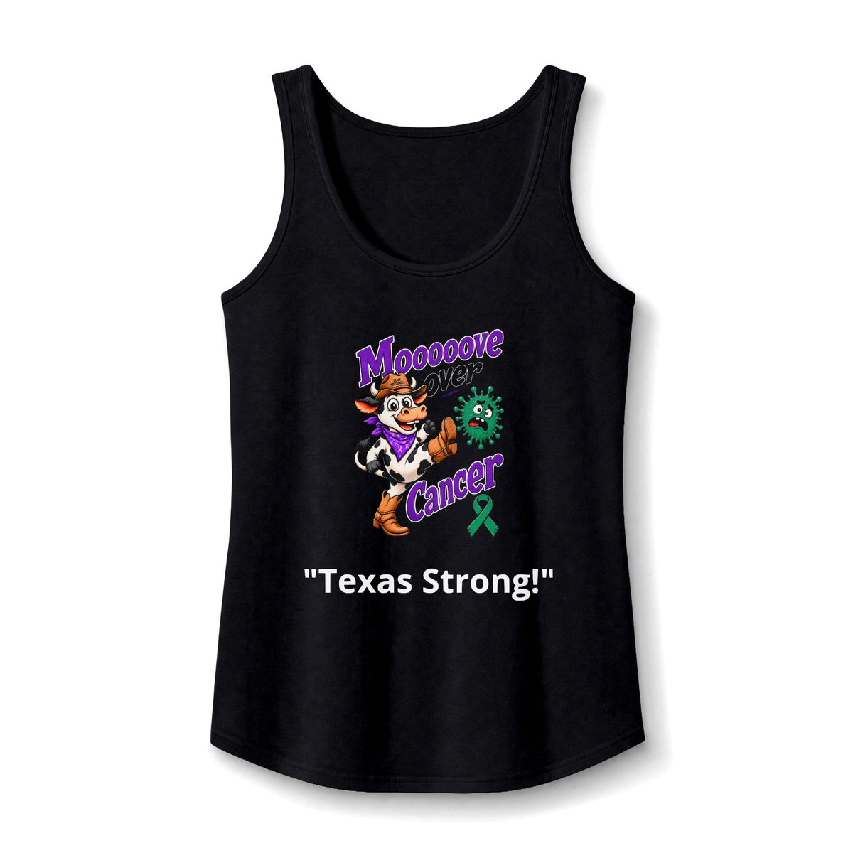 Black Moooove Over Cancer Texas Strong tank top featuring a Liver Cancer awareness ribbon