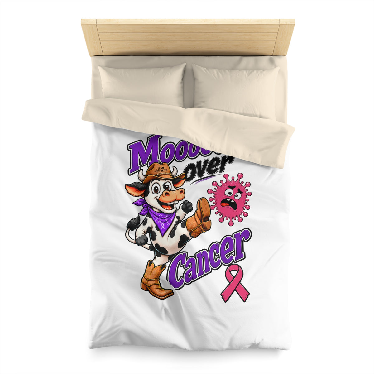 Moooove Over Cancer duvet cover styled in a bedroom with cow artwork and Breast Cancer ribbon
