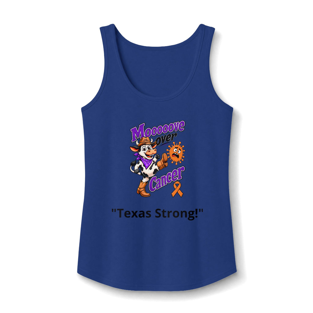 Moooove Over Cancer Texas Strong tank top with Leukemia/Kidney Cancer awareness ribbon, blue front