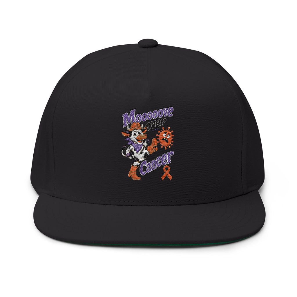 Black Moooove Over Cancer flat bill cap with cowboy artwork and orange ribbon