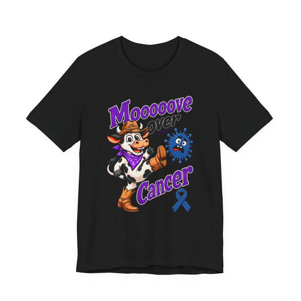 Moooove Over Cancer graphic T-shirt in black with cowgirl and ribbon artwork