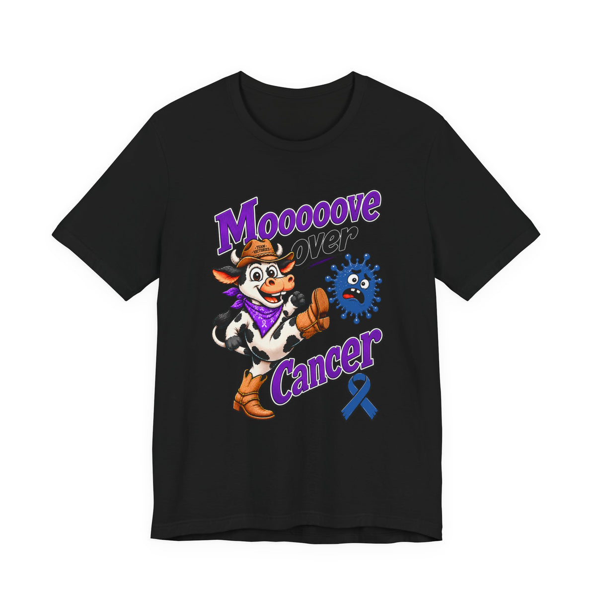 Moooove Over Cancer graphic T-shirt in black with cowgirl and ribbon artwork