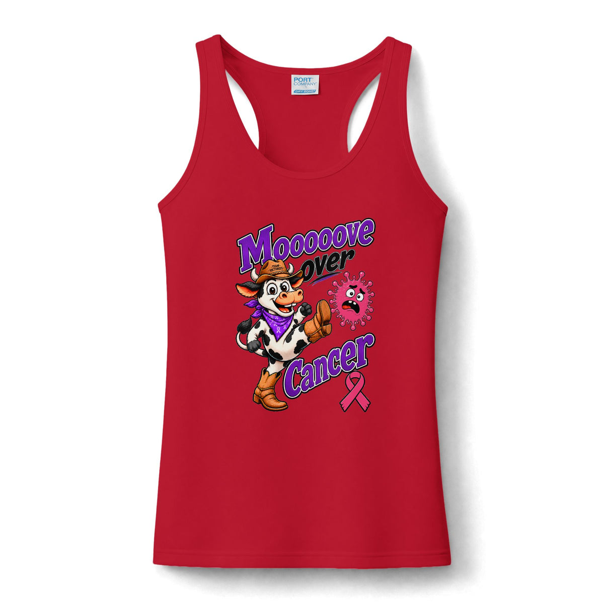 Moooove Over Cancer women's performance tank with Breast Cancer awareness ribbon, red front view