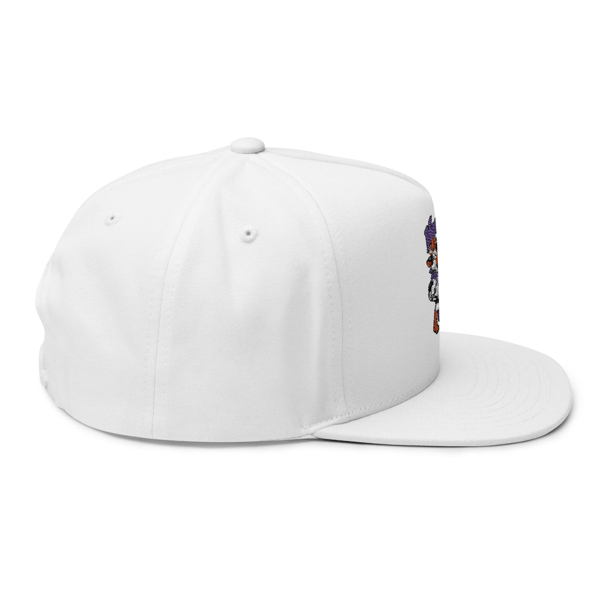 Side view of white Moooove Over Cancer flat bill cap showing the flat bill