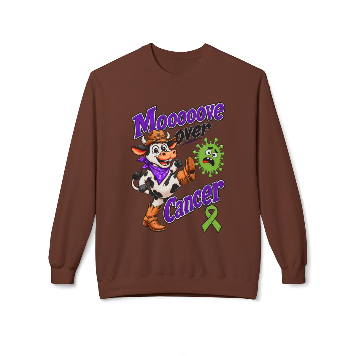Model wearing Moooove Over Cancer sweatshirt with cow graphic and Non-Hodgkin/Lymphoma Cancer ribbon