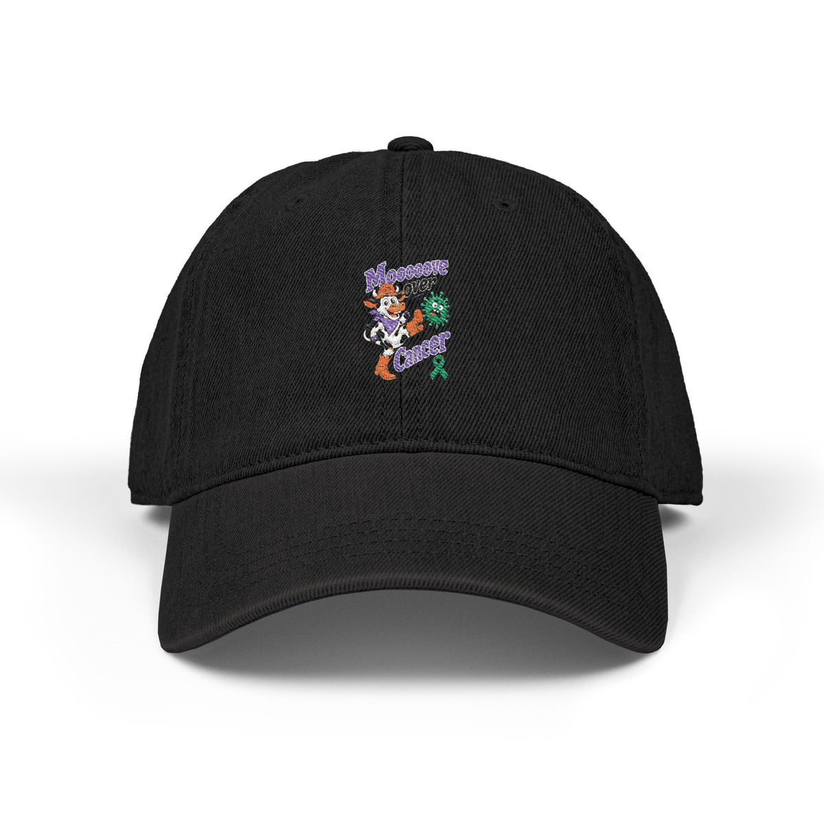 Black Moooove Over Cancer embroidered denim hat with colorful awareness ribbon artwork, front view