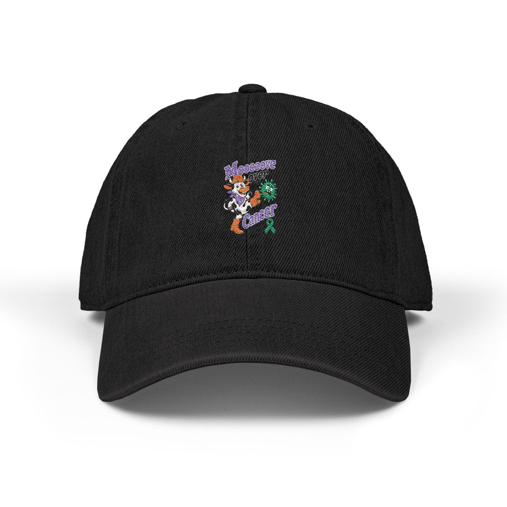 Moooove Over Cancer embroidered denim hat in black, front view