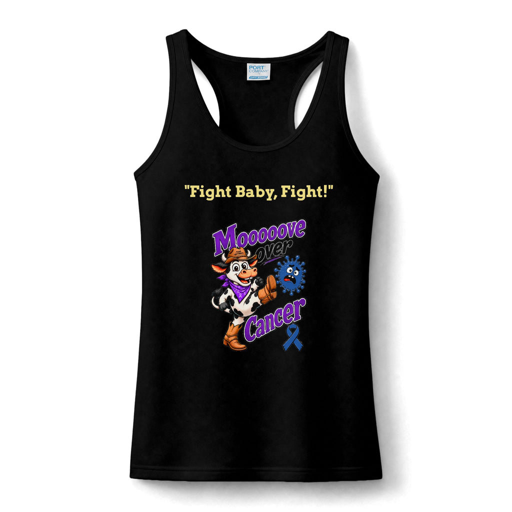 Moooove Over Cancer women's black performance tank top with Colon Cancer awareness ribbon