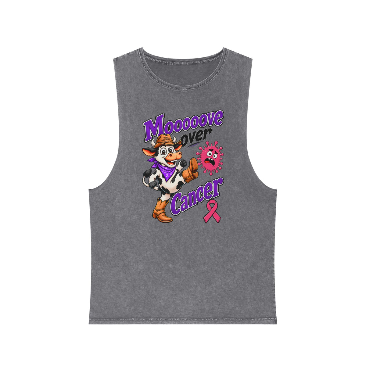 Moooove Over Cancer gray tank top with colorful artwork and Breast Cancer awareness ribbon