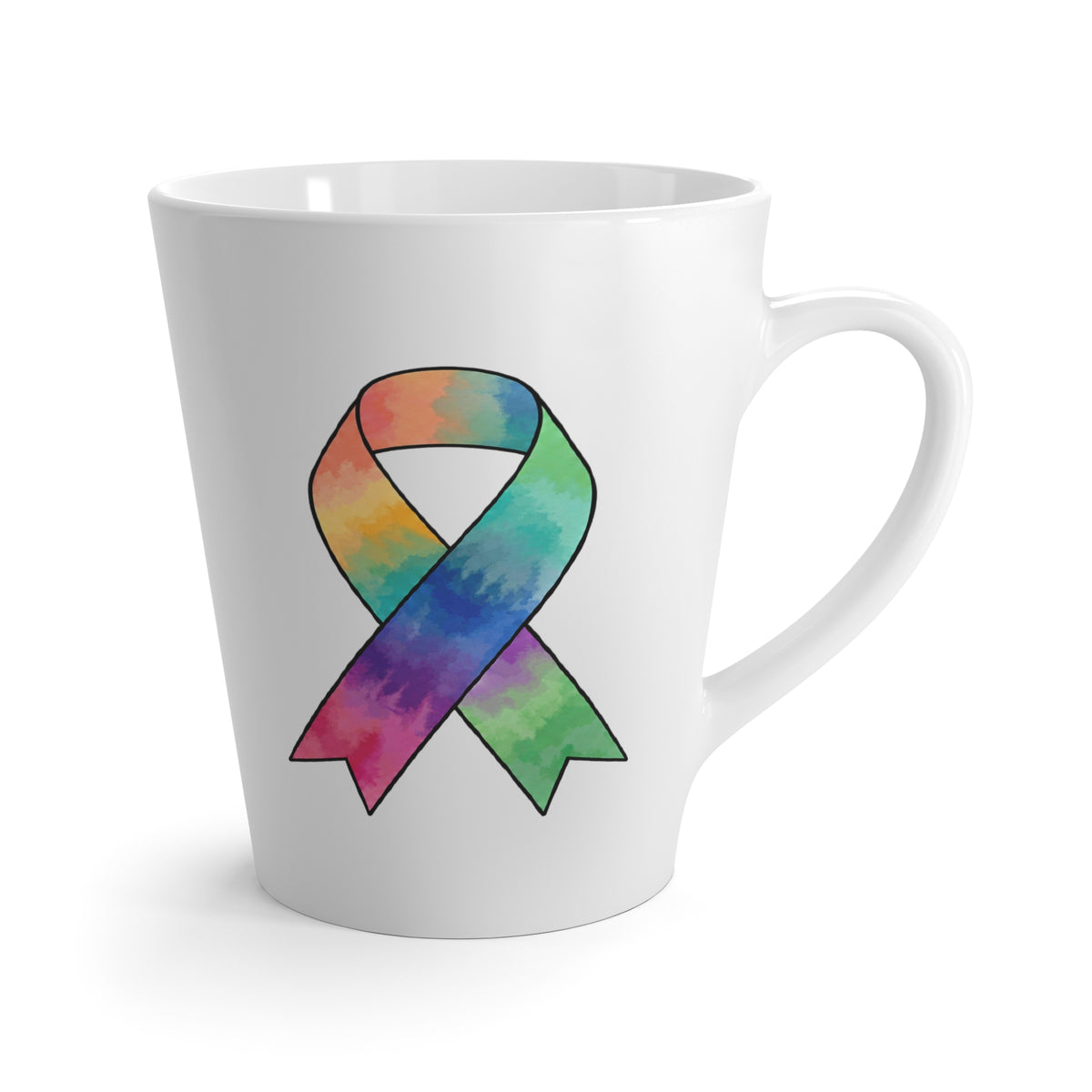 White latte mug featuring a colorful cancer awareness ribbon design