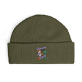 Olive Moooove Over Cancer embroidered cuff beanie with colorful cancer artwork