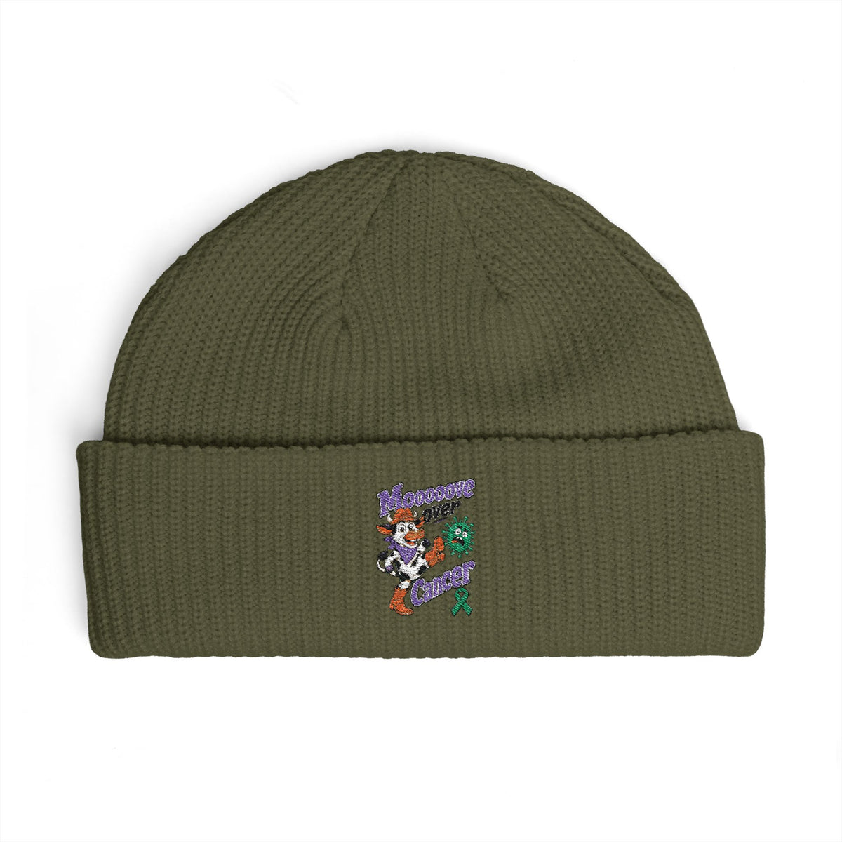 Olive Moooove Over Cancer embroidered cuff beanie with colorful cancer artwork