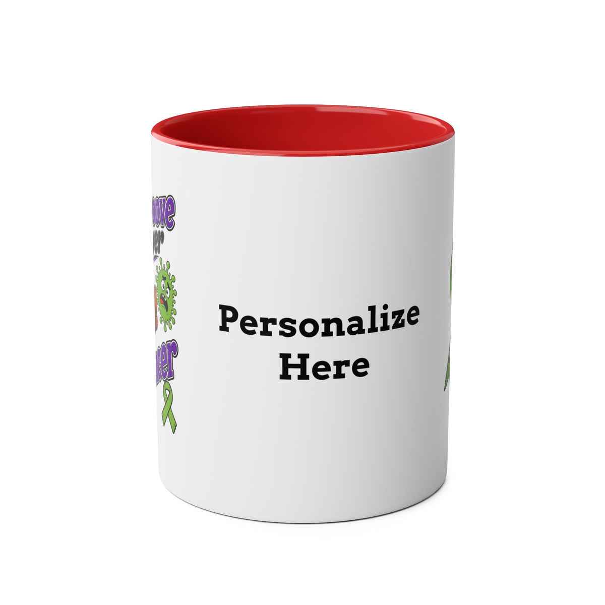 Moooove Over Cancer mug showing the red accent and personalization area