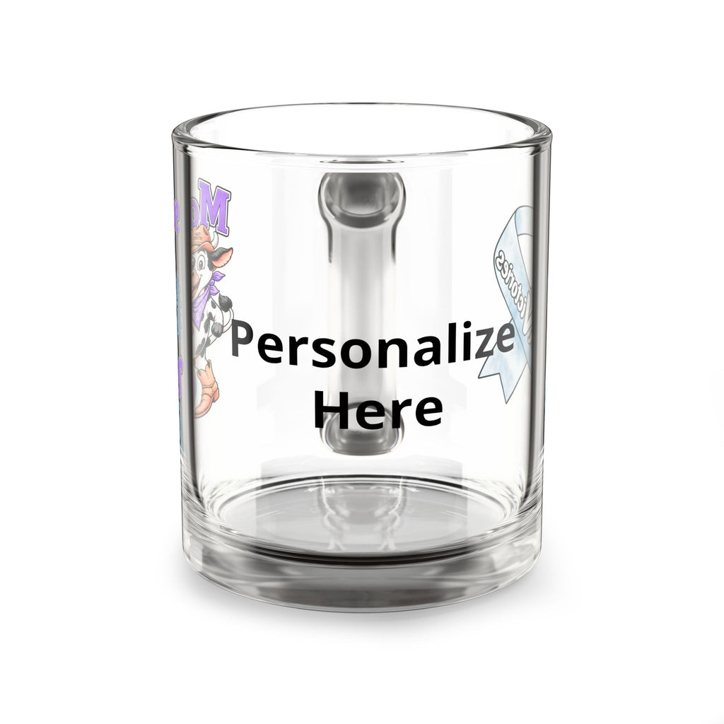 Back of Moooove Over Cancer glass mug showing space for a personalized name or custom text
