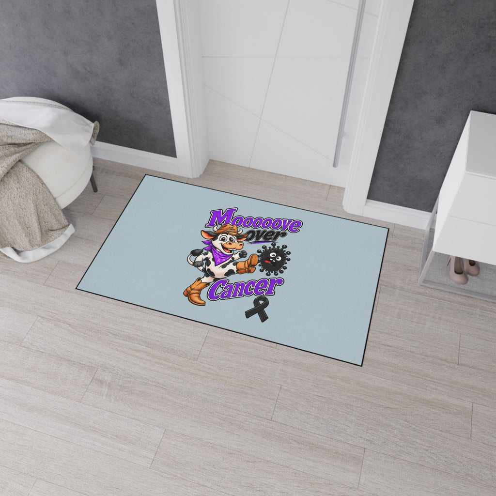 Mooove Over Cancer black ribbon entry rug in a bedroom doorway