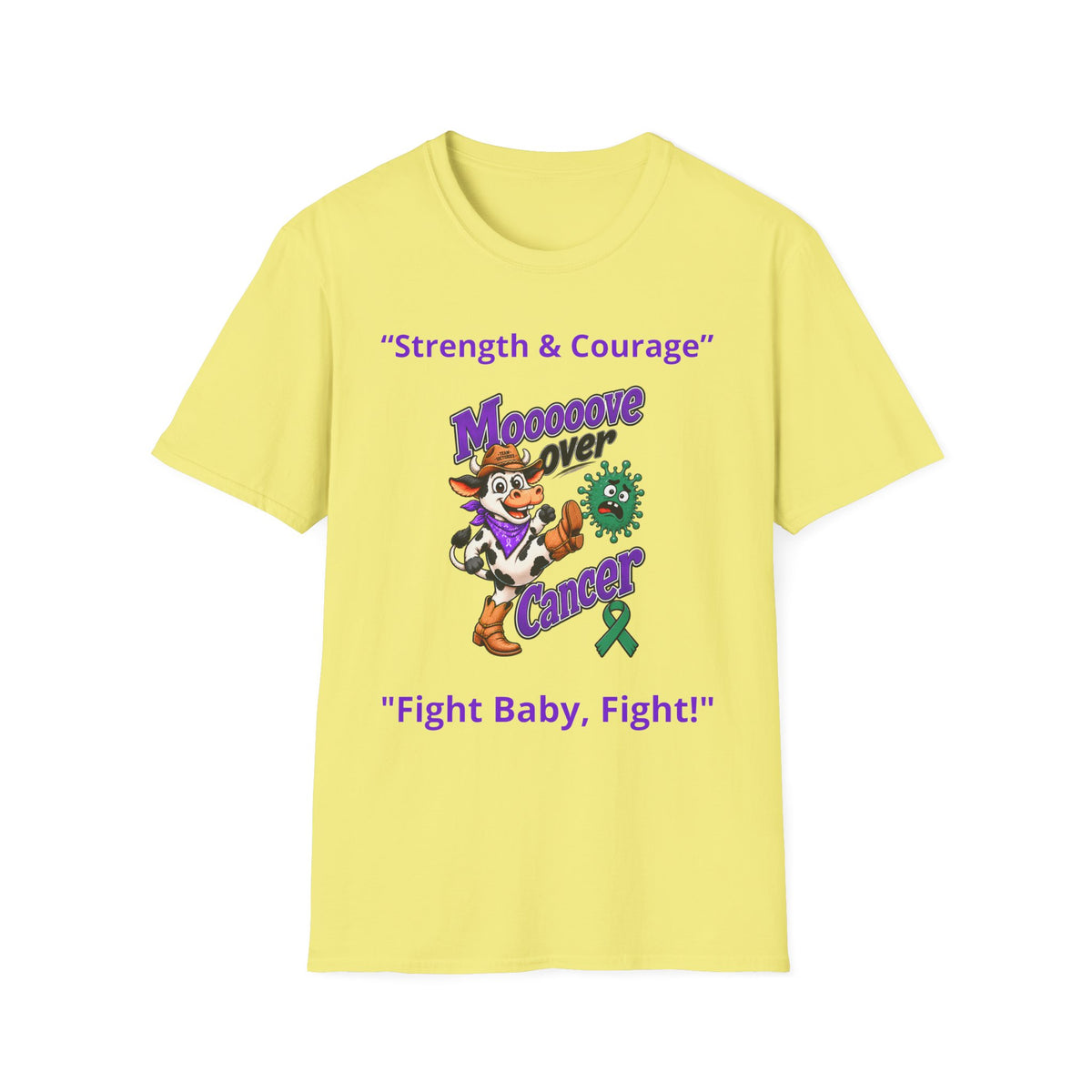 Yellow Moooove Over Cancer T-shirt with Strength & Courage message and Liver Cancer awareness ribbon