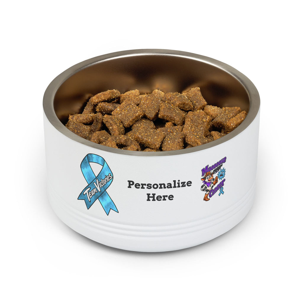 Mooove Over Cancer personalized white pet bowl filled with food and Prostate Cancer awareness ribbon