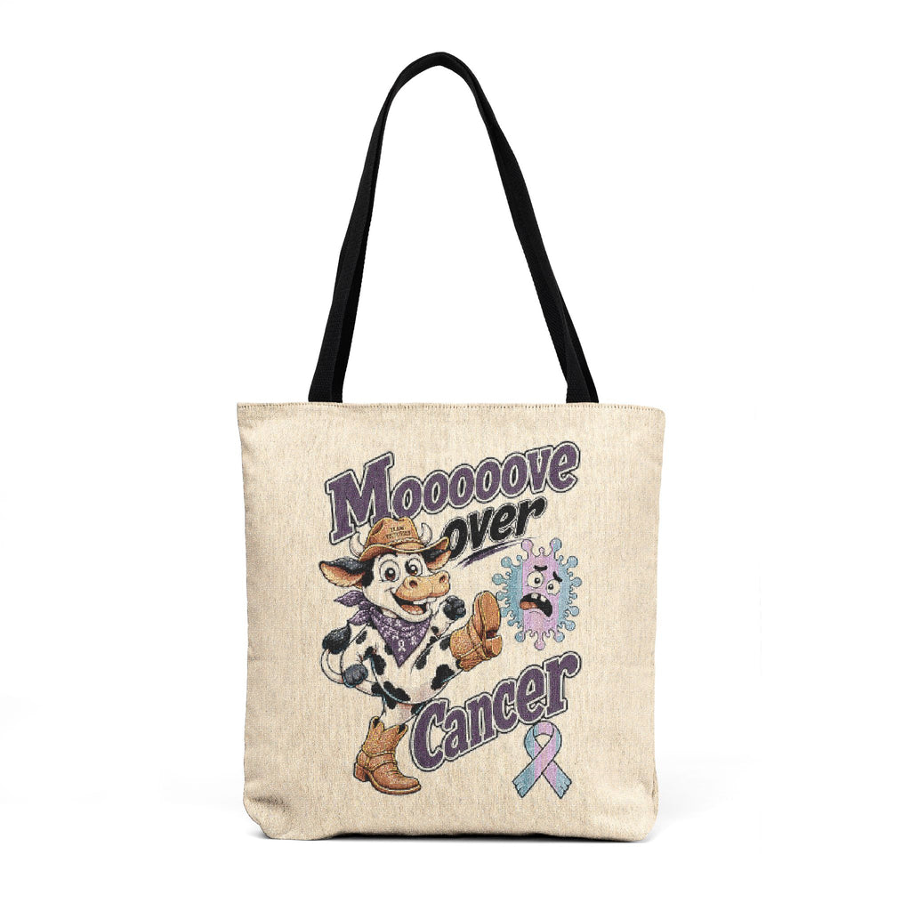 Moooove Over Cancer woven tote bag with cow artwork and purple awareness ribbon, front view