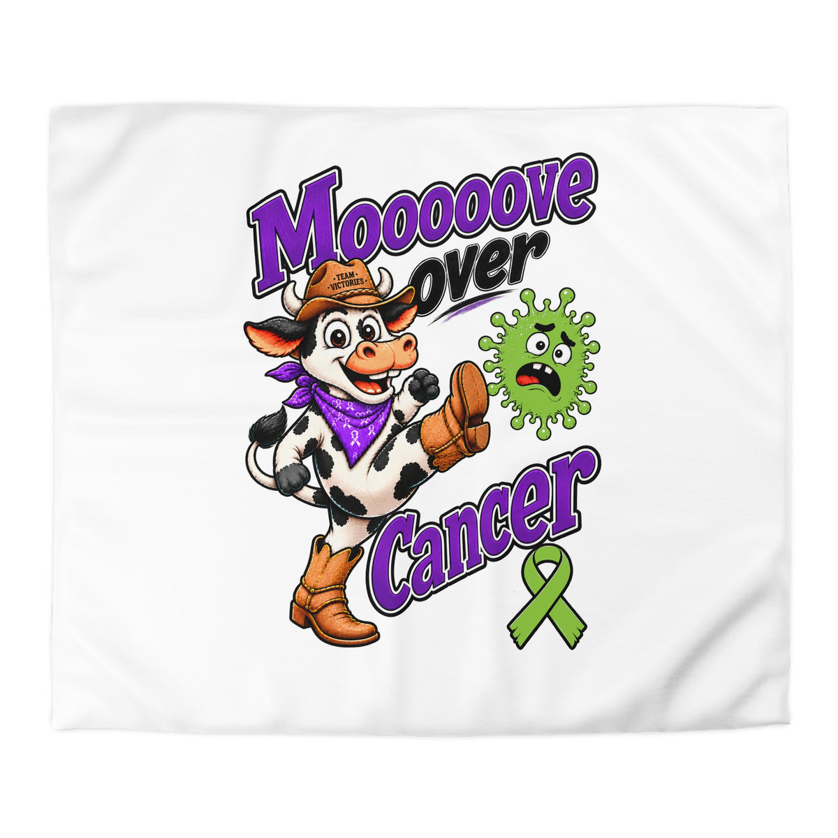Moooove Over Cancer duvet cover detail featuring Non-Hodgkin/Lymphoma Cancer awareness ribbon