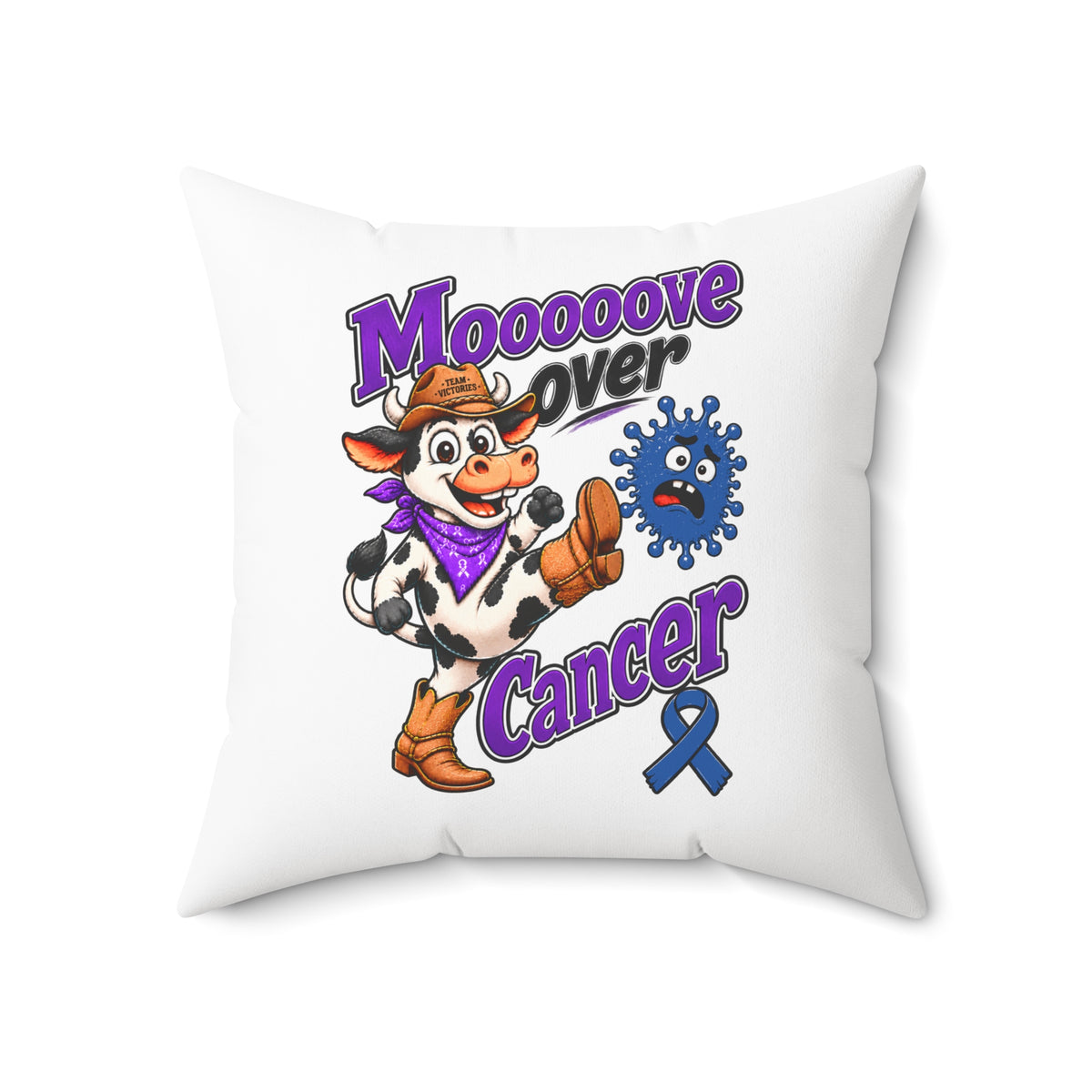 Moooove Over Cancer cowgirl pillow displayed upright with Colon Cancer awareness artwork