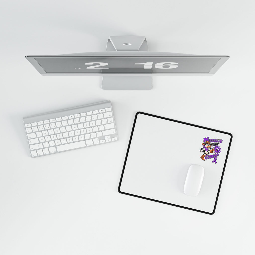 Moooove Over Cancer mouse pad beside a keyboard with Pancreatic Cancer awareness ribbon design