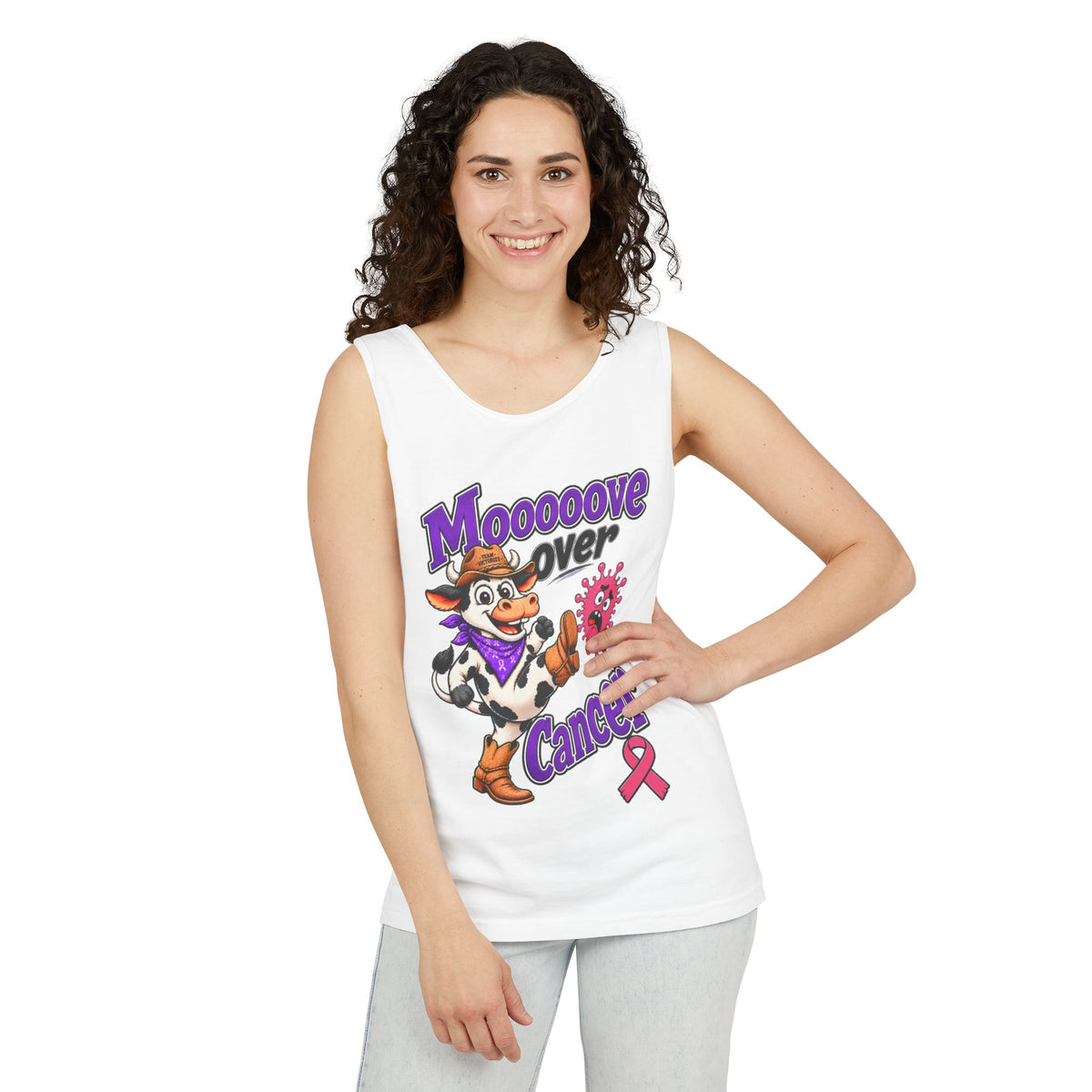 Man wearing white Moooove Over Cancer tank top with Breast Cancer awareness ribbon