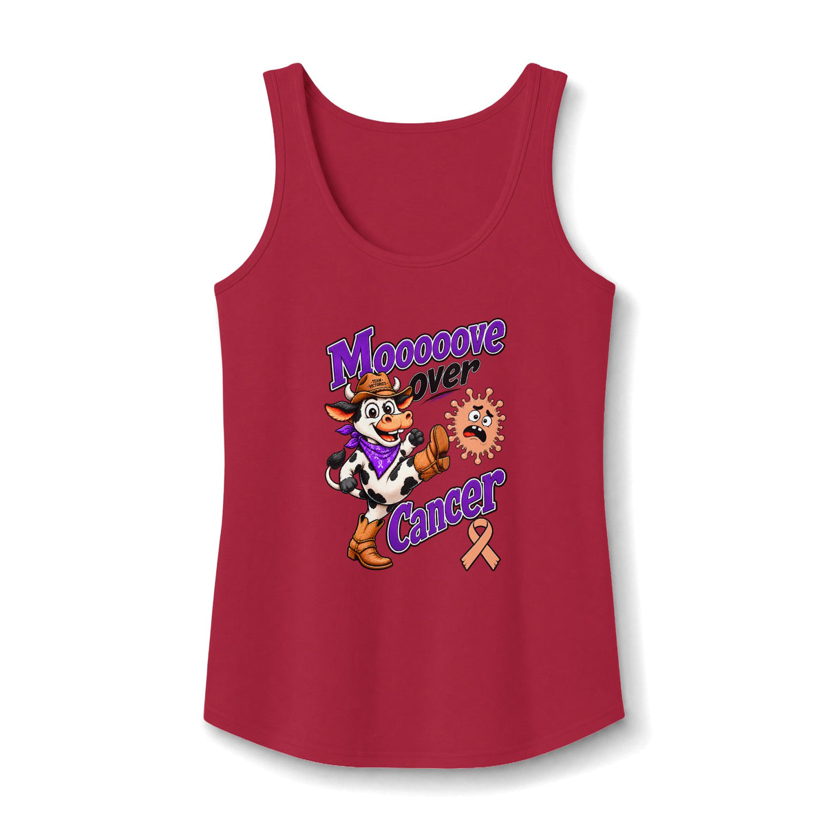 Red Moooove Over Cancer tank top featuring a cow graphic and Uterine Cancer awareness ribbon