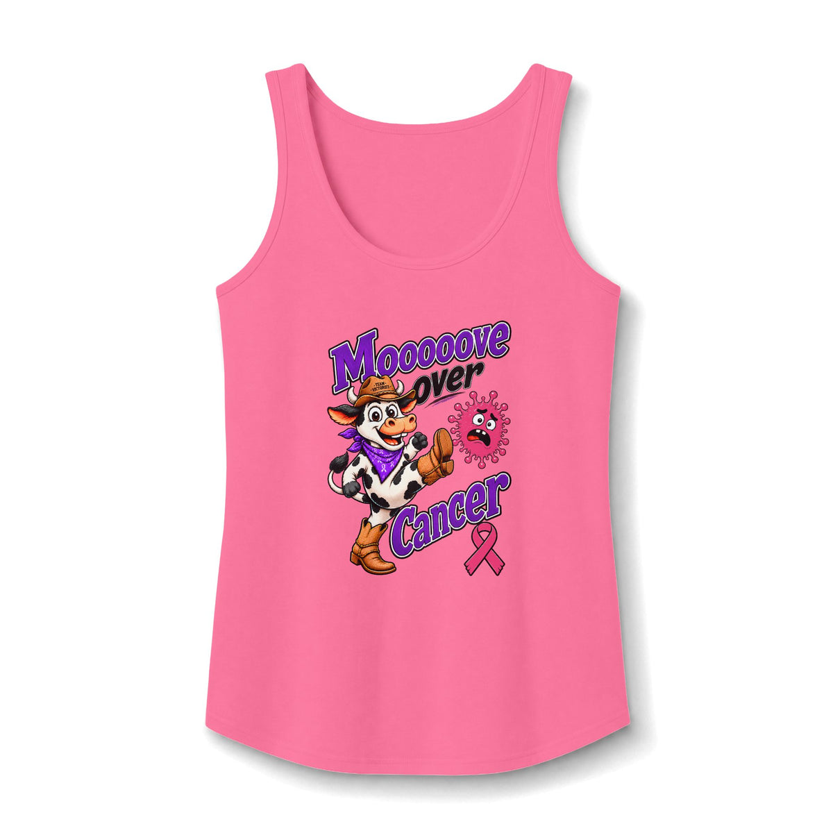 Pink Moooove Over Cancer tank top with Breast Cancer awareness ribbon design