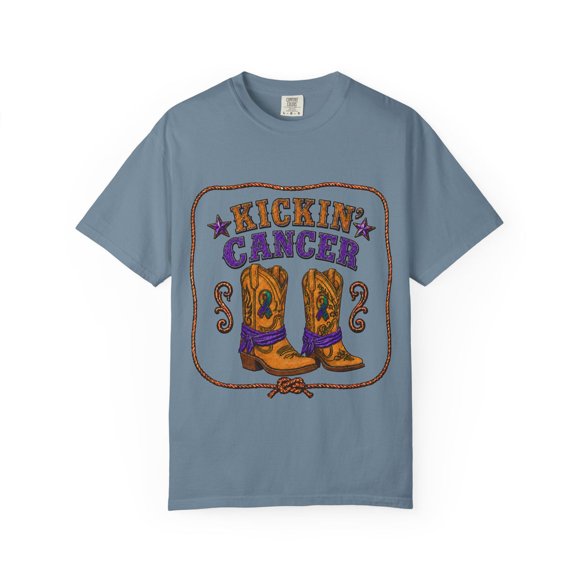 Blue Jean Kickin' Cancer unisex T-shirt with western cowboy boot artwork