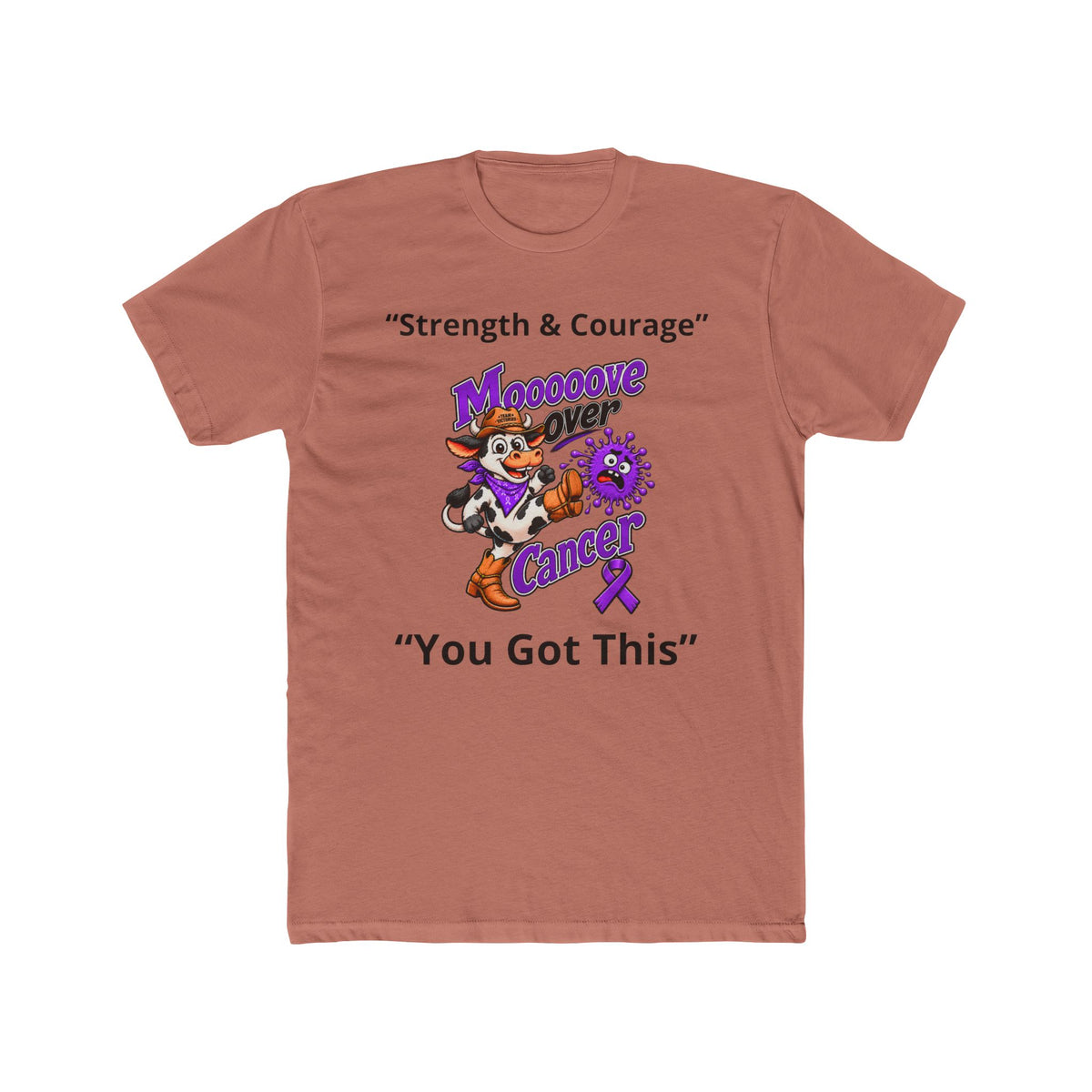 Terracotta Moooove Over Cancer shirt with Strength & Courage lettering and Pancreatic Cancer awareness ribbon