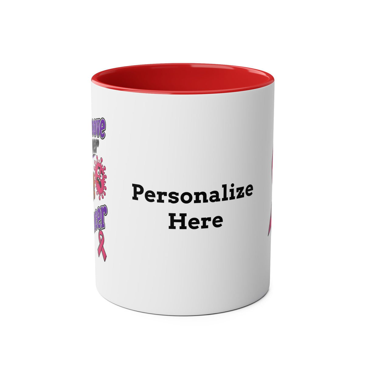 Personalized Moooove Over Cancer mug showing the custom text area