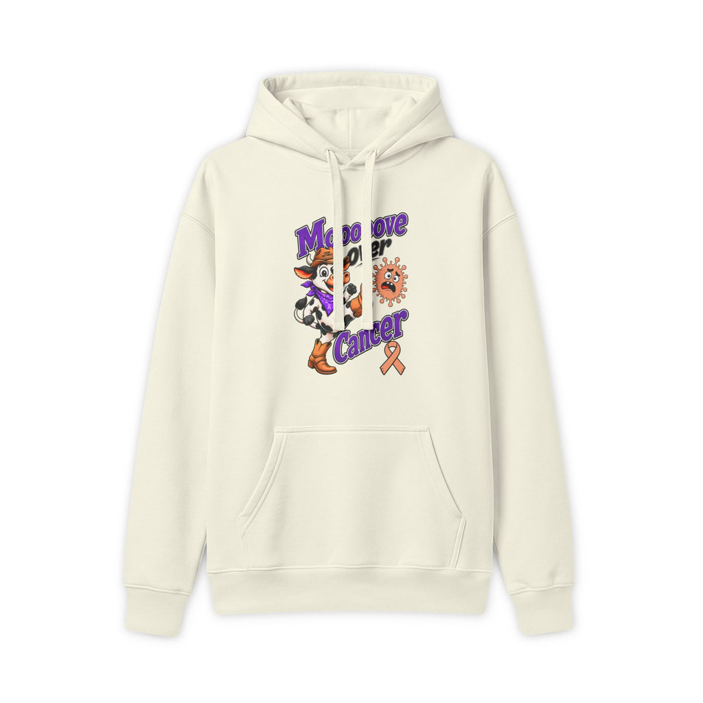 Moooove Over Cancer hoodie with character artwork and Uterine Cancer awareness ribbon, front view