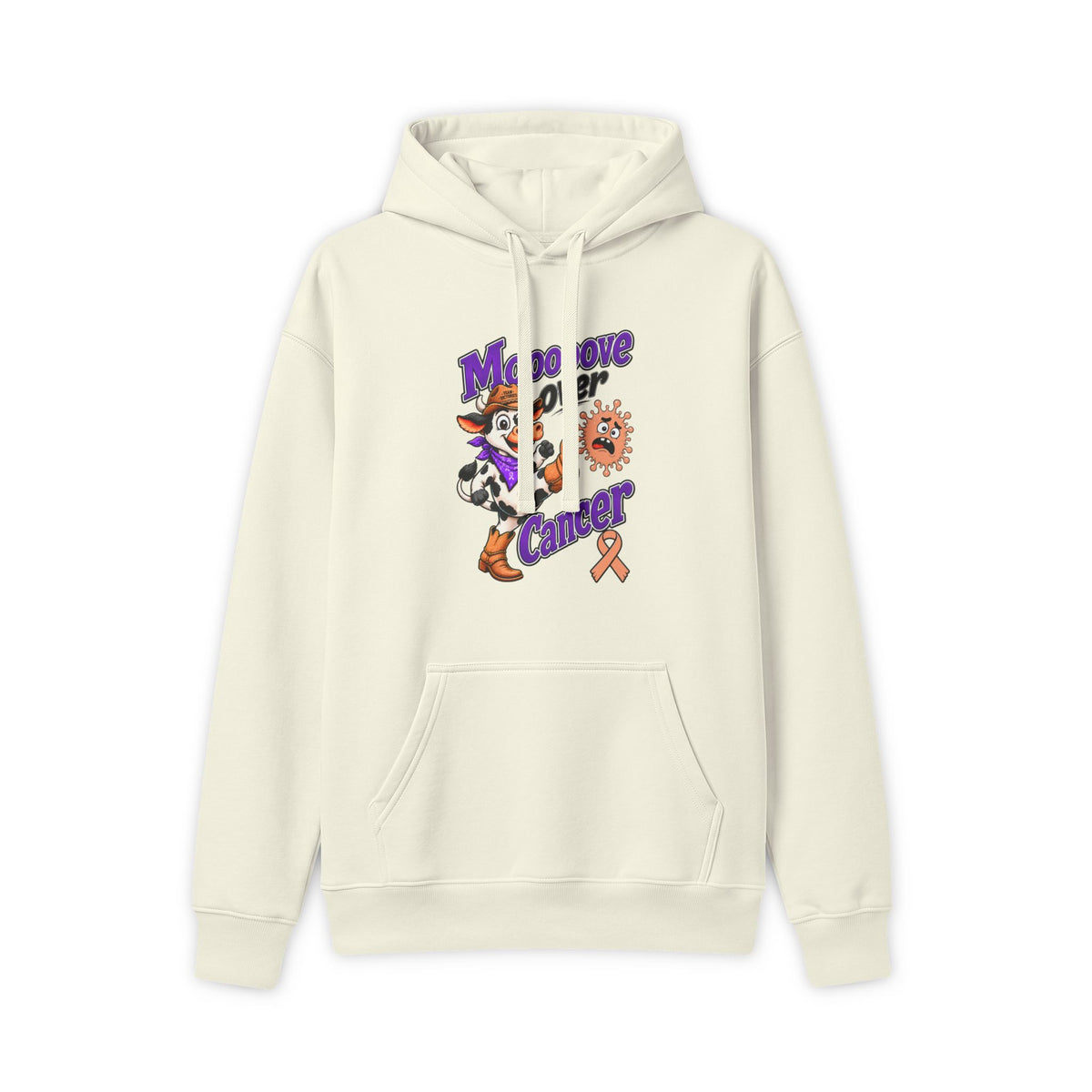 Moooove Over Cancer hoodie with character artwork and Uterine Cancer awareness ribbon, front view