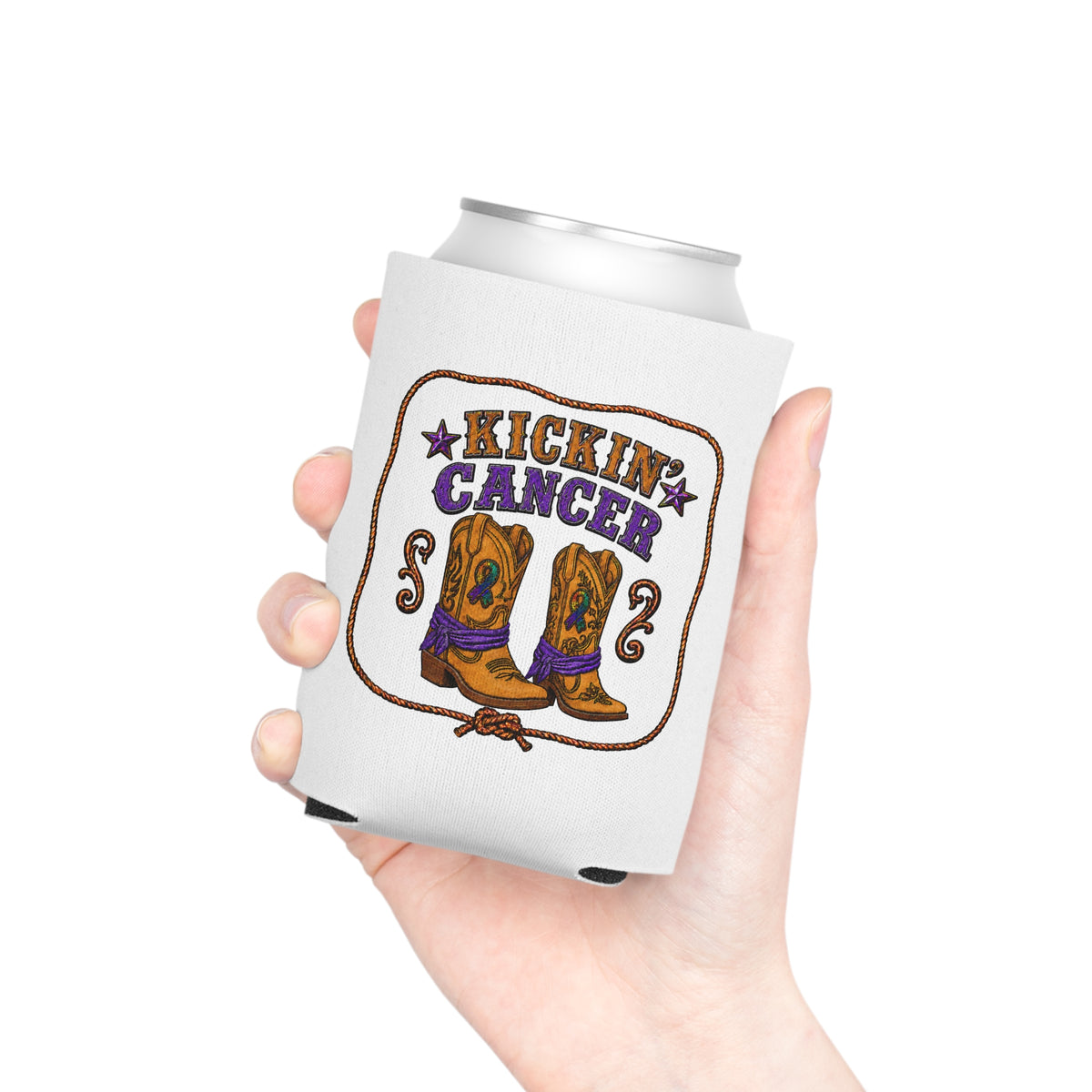 Hand holding a white Regular Can cooler with Kickin' Cancer boot artwork