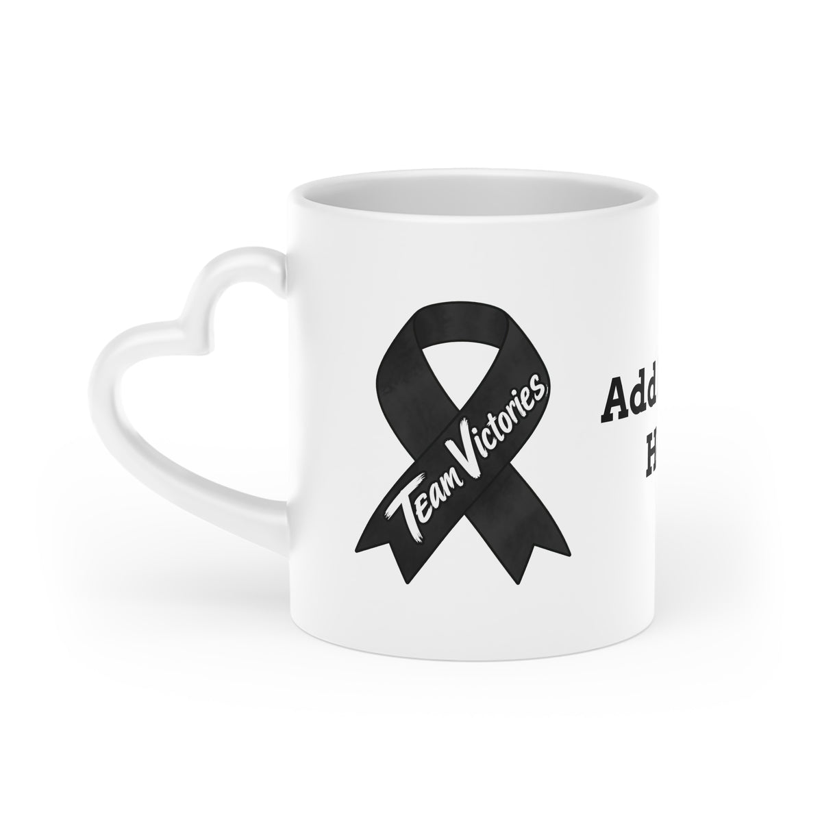 Moooove Over Cancer mug showing Team Victories cancer-awareness ribbon and heart-shaped handle