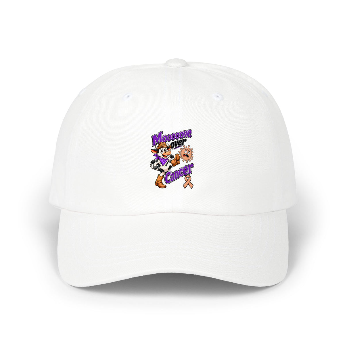 Moooove Over Cancer white dad cap with Uterine Cancer awareness ribbon artwork