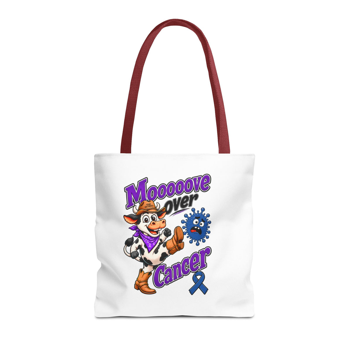 Front view of Moooove Over Cancer polyester tote with black handles