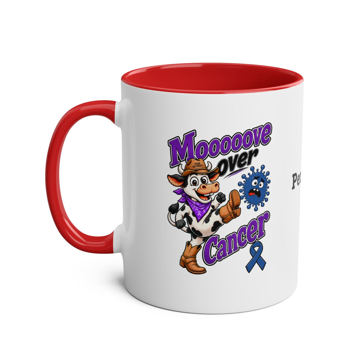Moooove Over Cancer personalized mug with red interior, handle, and awareness ribbon design