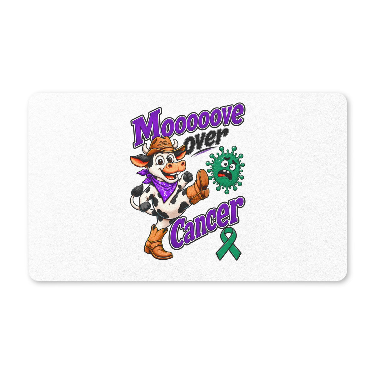 Moooove Over Cancer cow character doormat with green ribbon cancer-awareness artwork