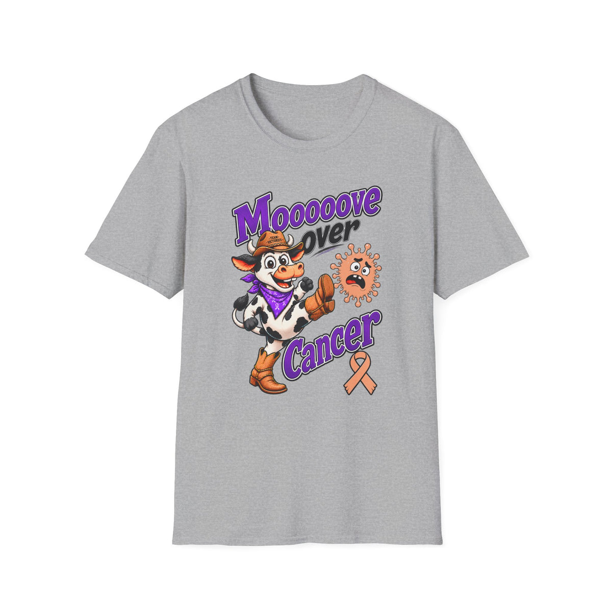 Moooove Over Cancer T-Shirt with cowgirl artwork and Uterine Cancer awareness ribbon on gray