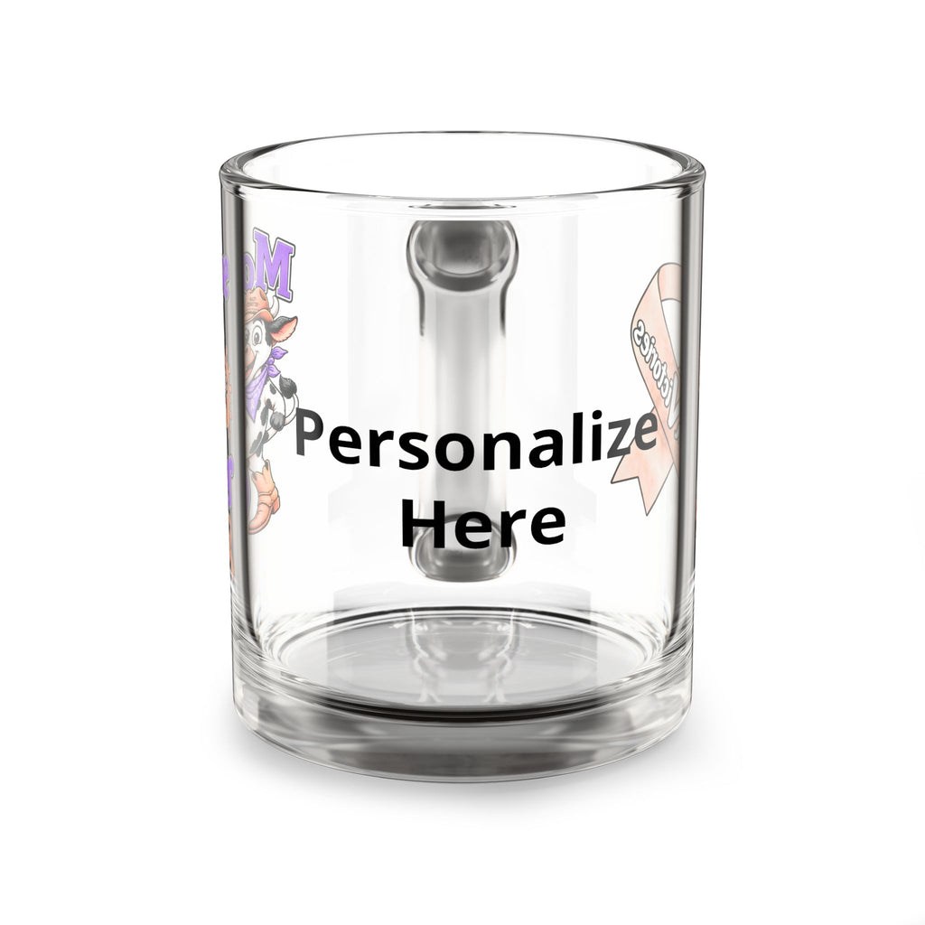 Moooove Over Cancer glass mug showing its customizable name area and clear C-shaped handle