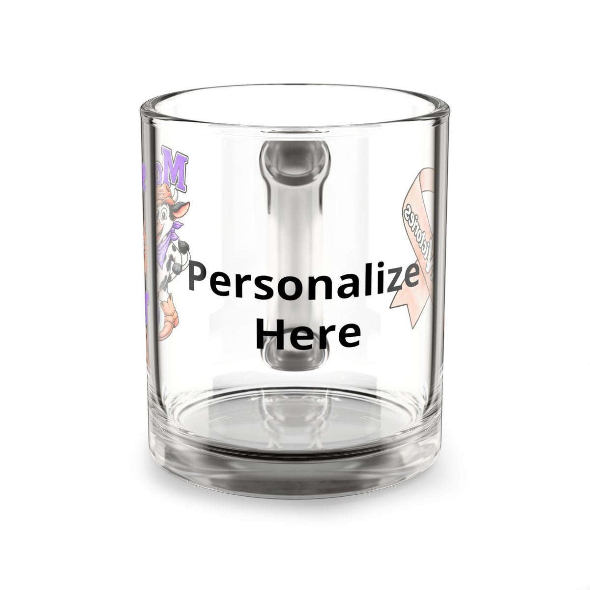 Moooove Over Cancer glass mug showing its customizable name area and clear C-shaped handle