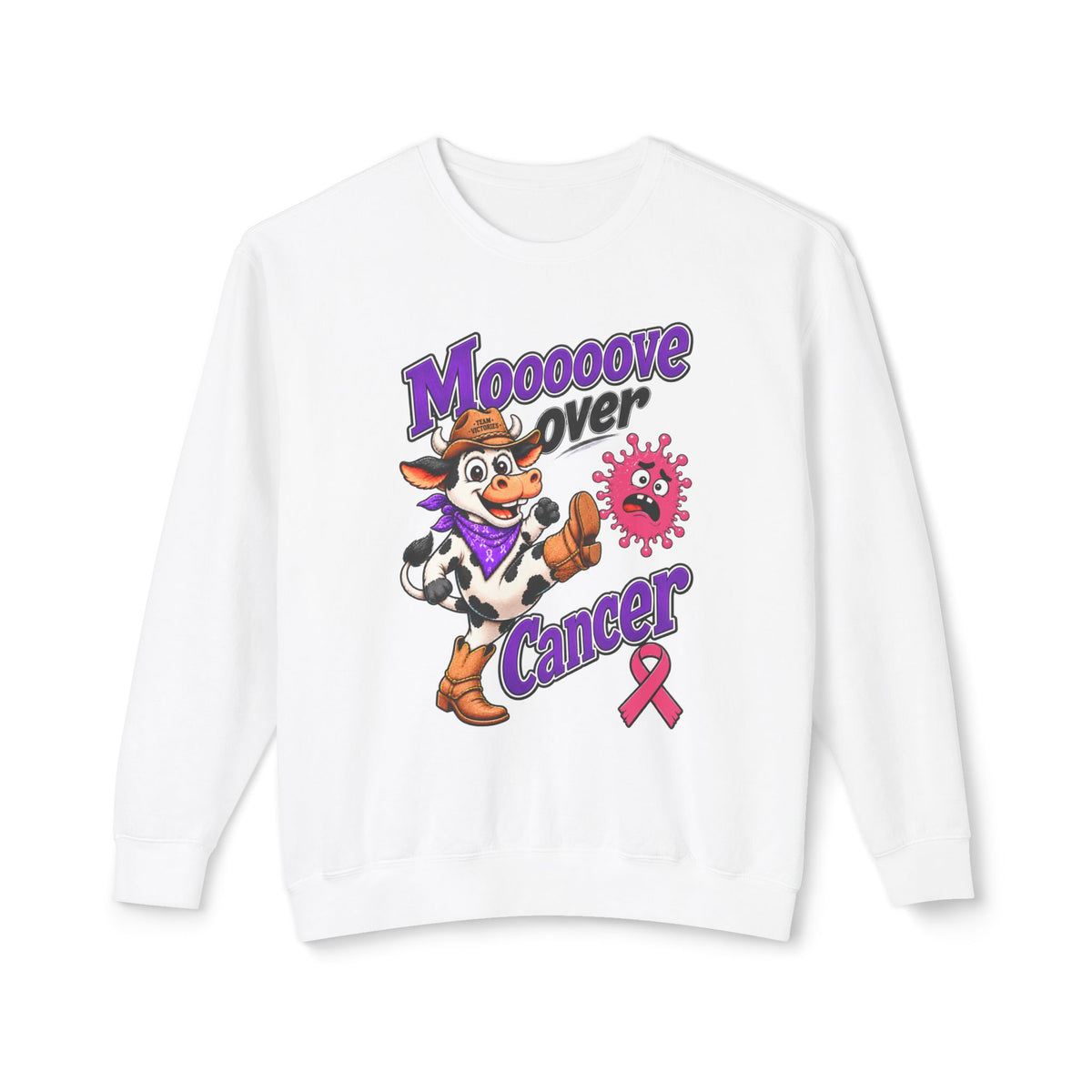 Moooove Over Cancer white crewneck sweatshirt with cow graphic and pink Breast Cancer awareness ribbon